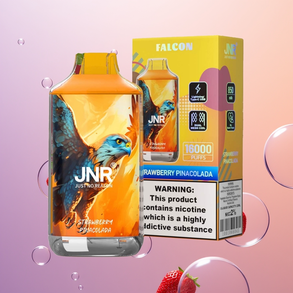 JNR Falcon 16000 Jordbær Pina Colada 850mAh 22ml Dual Mesh Coil Type C Smart LED Display 0% 2%
