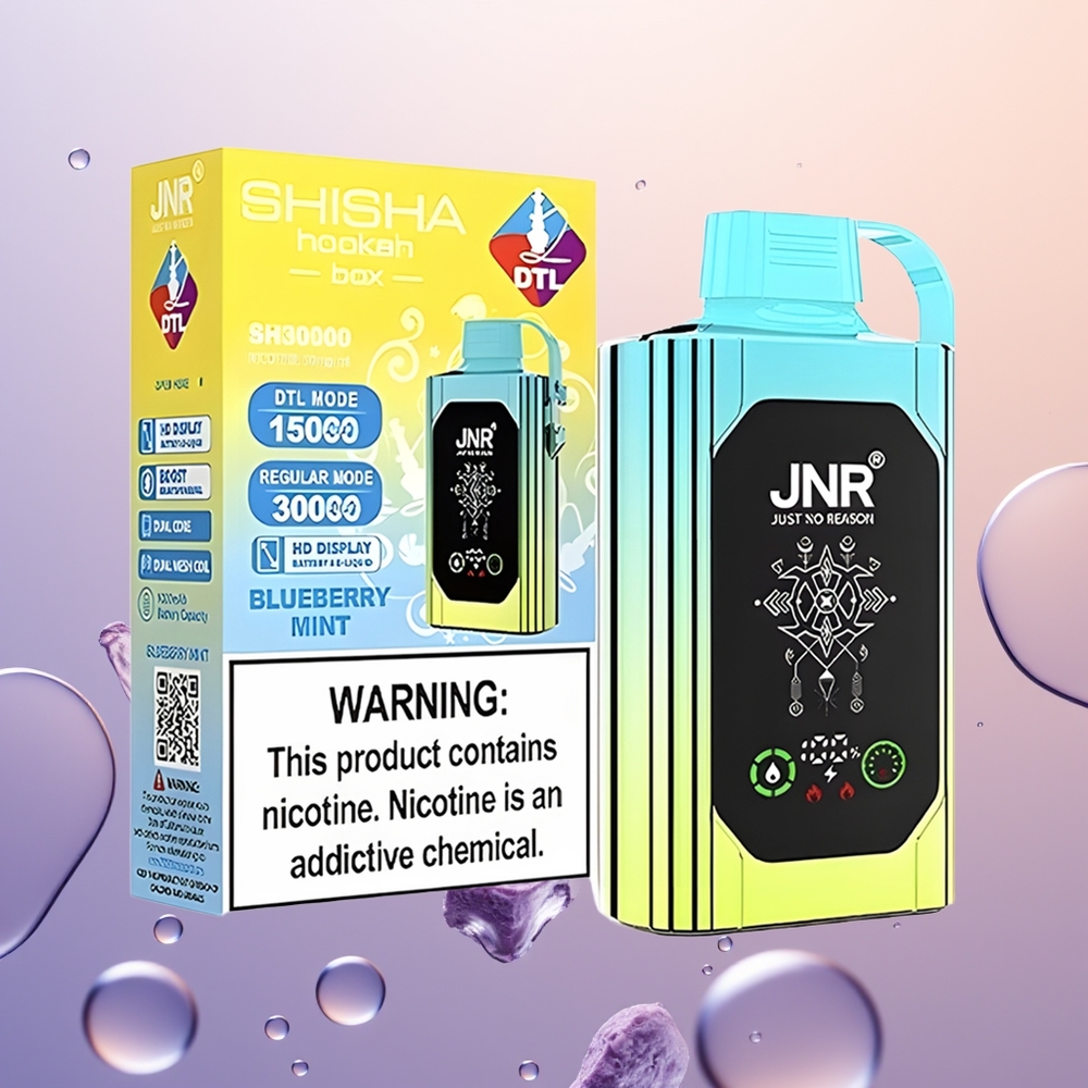JNR Shisha Hookah Box 20500 Blåbær Mynte HD Skærm Dobbelt Mesh Coil
